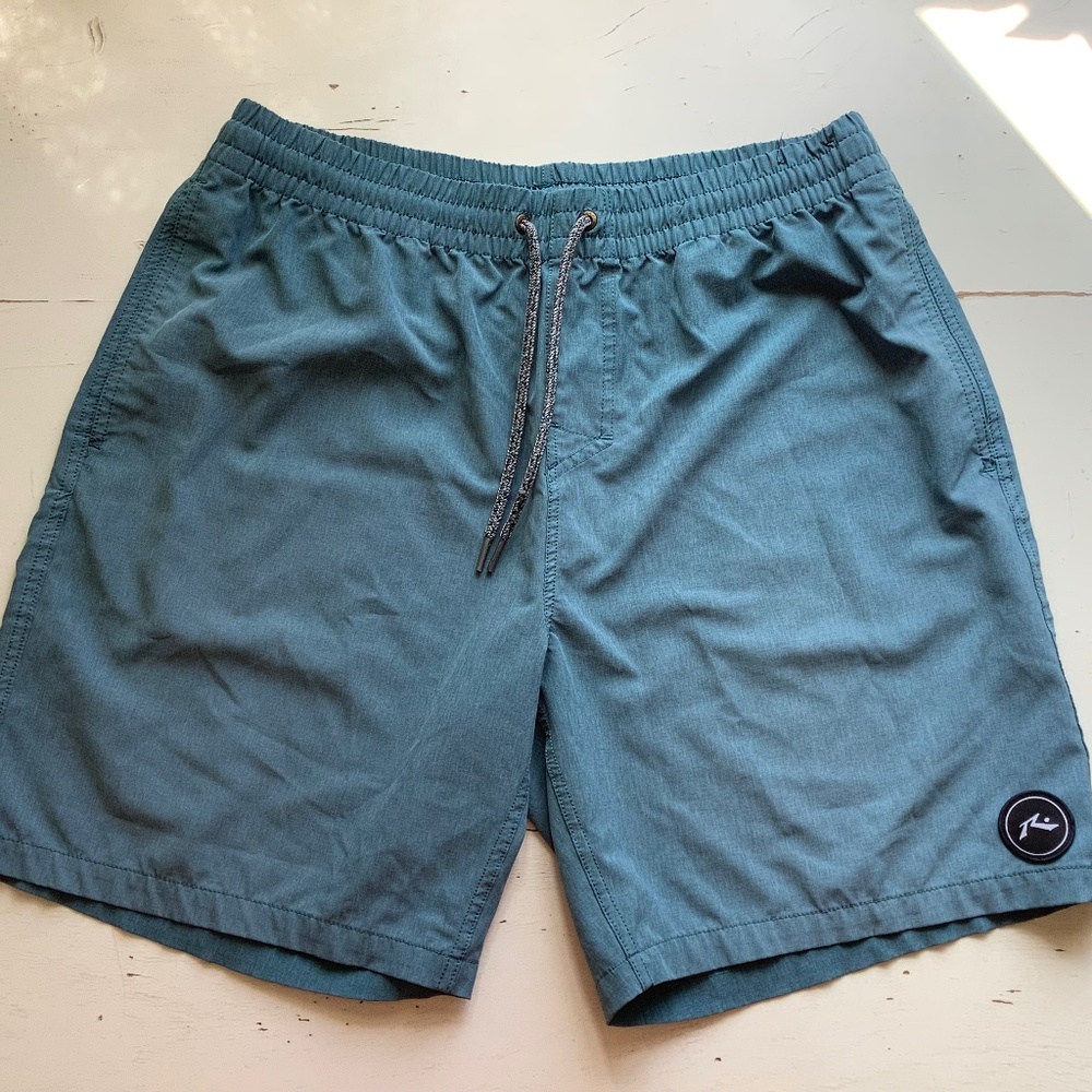 RUSTY Teal Blue Elastic Waist Drawstring Swim Trunks SZ 36